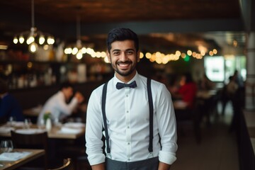 happy indian man waiter in restaurant, cafe or bar