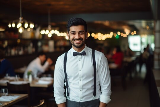 happy indian man waiter in restaurant, cafe or bar