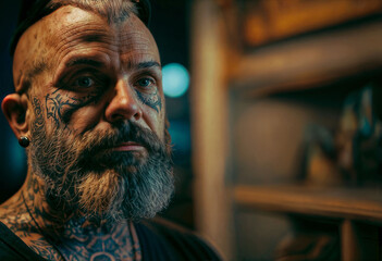 Reflecting, tattooed man with intense gaze in warm interior light
