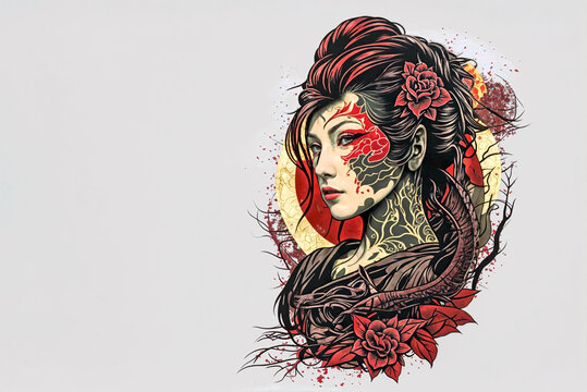 Serene Japanese woman with traditional irezumi tattoos