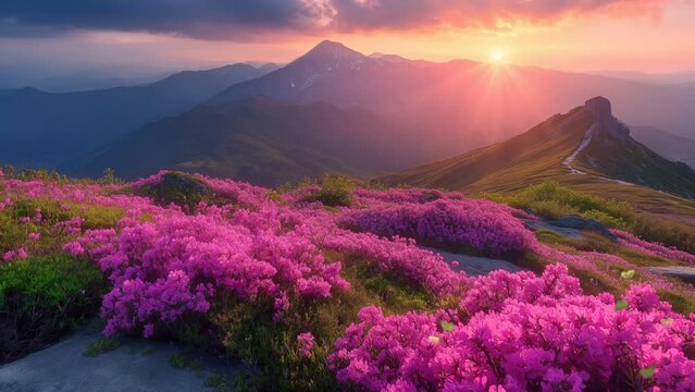 The magical pink flowers of rhododendrons at sunset in the mountainous area and the perfect beauty of nature. Seamless looping 4k time-lapse virtual video animation background  Generated with Al
