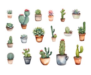 Watercolour cacti and succulents, isolated clipart set