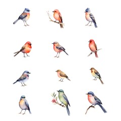 Watercolour birds isolated set, colourful nature clipart