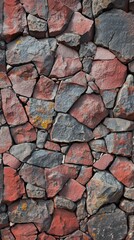 Wall Constructed from Irregularly Shaped Stone Tiles - The Stones are in Shades of Red with a few Interspersed Grey Stones - Each Stone Tile Appears Weathered created with Generative AI Technology