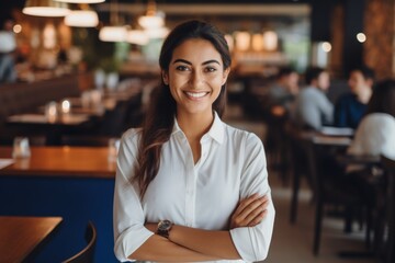 happy indian woman waiter in restaurant, cafe or bar