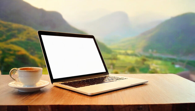 Hand holding laptop with blank screen on wooden table in cafe . Mockup image