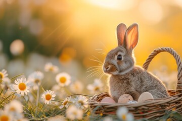 Fototapeta na wymiar cute little easter bunny sitting in a basket with easter eggs In Flowery Meadow, golden hour, Happy Easter postcard with sweet little rabbit, easter celebration postcard