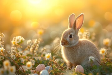 cute little easter bunny sitting near easter eggs In Flowery Meadow, golden hour, Happy Easter postcard with sweet little rabbit, easter celebration postcard