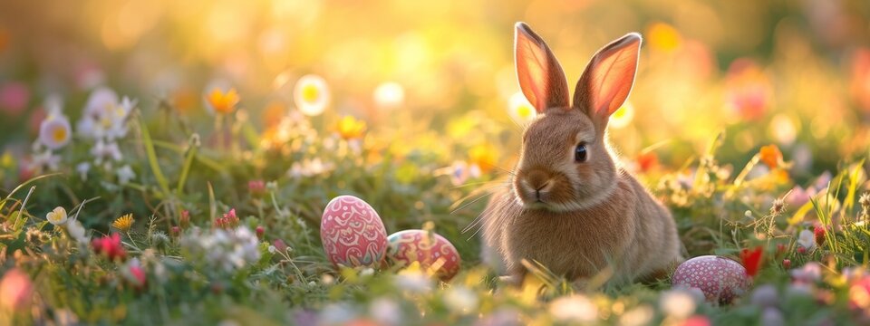 cute little easter bunny sitting near easter eggs In Flowery Meadow, golden hour, sun is shining, banner image
