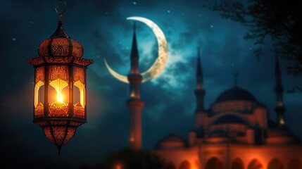Obraz premium Illuminated Islamic lanterns with a crescent moon over a mosque silhouette. Moroccan lanterns at night. Glittering party garlands. Ramadan kareem, Eid Mubarak. Eastern holiday design
