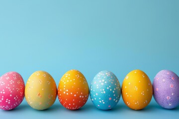 Fototapeta premium pastel color easter eggs on pastel blue studio background, Happy Easter postcard with colorful eggs, easter celebration postcard, copyspace, front view