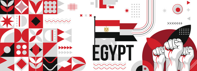 Egypt national or independence day banner for country celebration. Flag and map of Egypt with raised fists. Modern retro design with typorgaphy abstract geometric icons. Vector illustration	