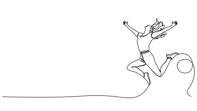 animated continuous single line drawing of joyful woman jumping up in the air, line art animation