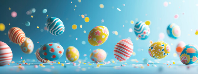 colorful easter eggs flying on pastel blue studio background, banner image - obrazy, fototapety, plakaty