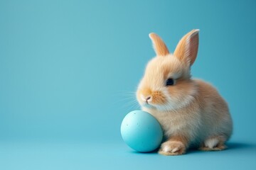 Obraz premium cute little easter bunny sitting near easter egg isolated on pastel blue background with copy space, Happy Easter postcard with adorable rabbit, easter celebration postcard