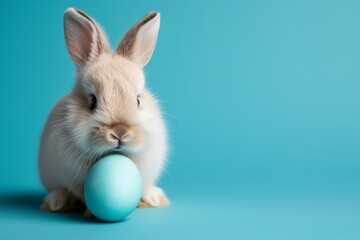 cute little easter bunny sitting near easter egg isolated on pastel blue background with copy space, Happy Easter postcard with adorable rabbit, easter celebration postcard