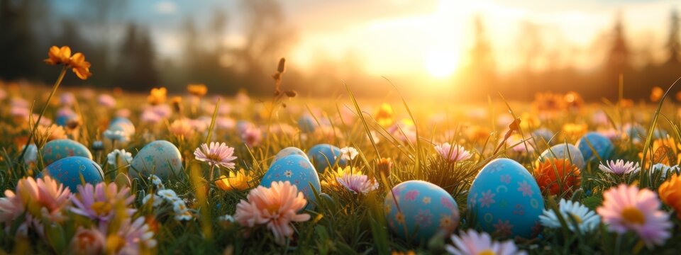 colorful Easter Eggs lying In Flowery Meadow, golden hour, sun is shining, banner image