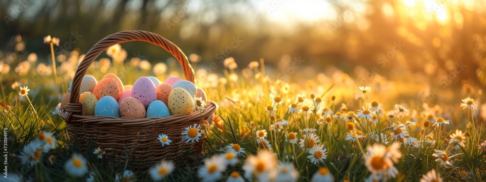 Wall mural a basket full of colorful easter eggs in flowery meadow, golden hour, sun is shining, banner image