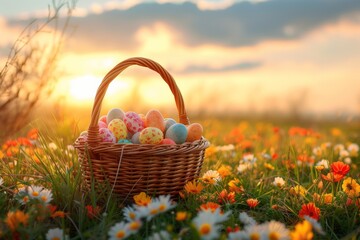 a basket full of colorful Easter Eggs In Flowery Meadow, golden hour, sun is shining, copyspace