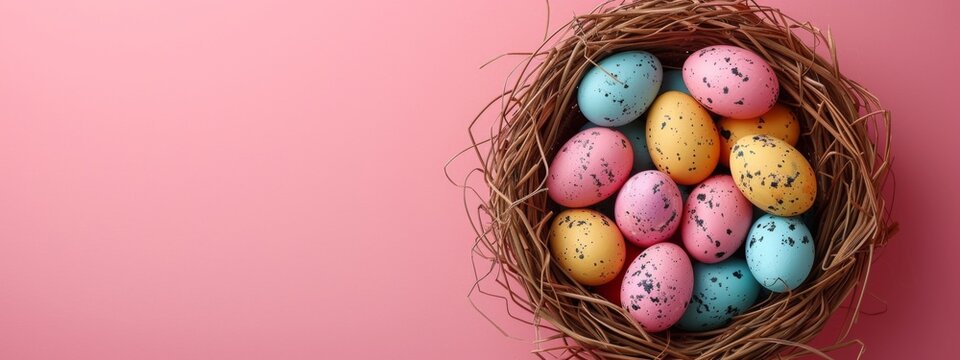 colorful easter eggs in a nest on pastel pink background, banner with copyspace, top view