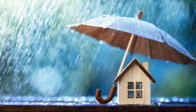 Small wooden house under umbrella in the rain blue background copy space Home insurance and protect