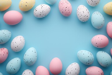 Fototapeta na wymiar pastel color easter eggs on pastel blue studio background, Happy Easter postcard with colorful eggs, easter celebration postcard, copyspace, top view