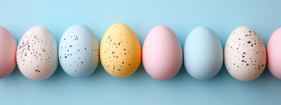 pastel color easter eggs on pastel blue studio background, banner with copyspace, top view