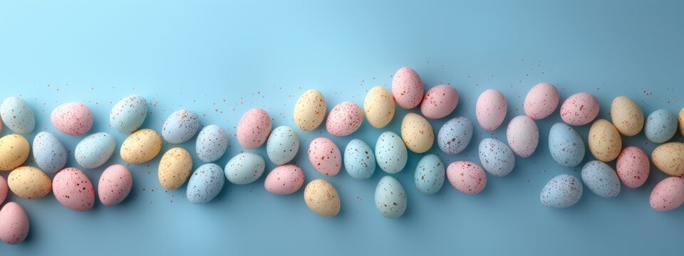 pastel color easter eggs on pastel blue studio background, banner with copyspace, top view