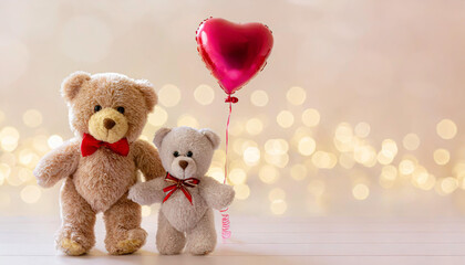 bear holding a heart shaped balloon on light background with copy space. Valentine's Day.