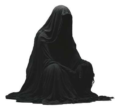 A man wearing a black cloak sat on the ground isolated.