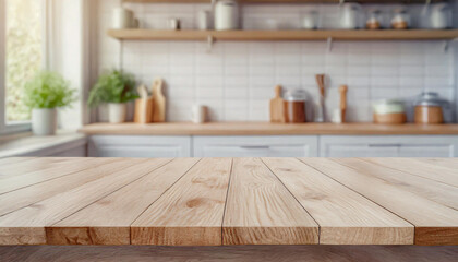 Wood table top on blur kitchen counter (room)background.