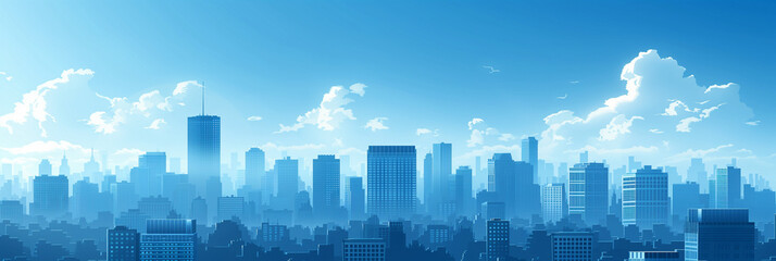 Blue banner cityscape background. Flat style vector illustration.