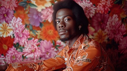 Black man fashionably dressed iconic fashion trends of 1970's style, retro fashion, cultural diversity on a background with flowers