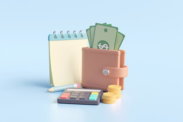 3D rendered illustration of a money saving or business and investment concept with a cash bag and notepad along with a pencil and coins. For articles on concepts, profits, growth, banking