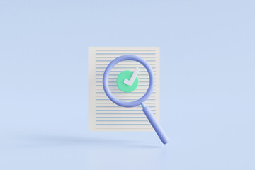 3D rendered illustration of secure data verification and search concept with magnifying glass icon with document and check mark. For finance, business, analysis, accounting
