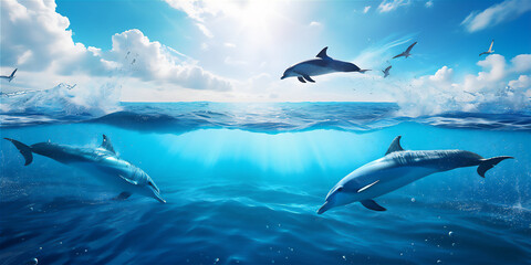 Fototapeta premium dolphin jumping out of water in the open sea