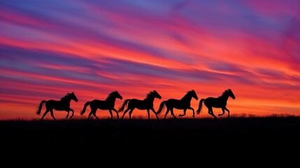 Horses silhouetted against a colorful, twilight sky embark on an evening ride