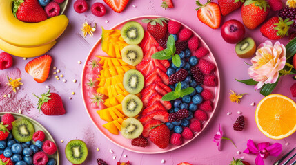 Fototapeta premium Healthy food. Various vibrant color fruits , top view, creative flat layout. Frame of different fruits. Colourful vegetables and fruits still life. composition with different fruits and berries