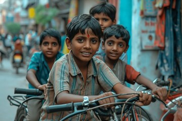 Unidentified Indian kids on a bicycle in Varanasi, India. Varanasi is the most populous city in...