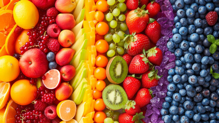 Naklejka na ściany i meble Healthy food. Various vibrant color fruits , top view, creative flat layout. Frame of different fruits. Colourful vegetables and fruits still life. composition with different fruits and berries