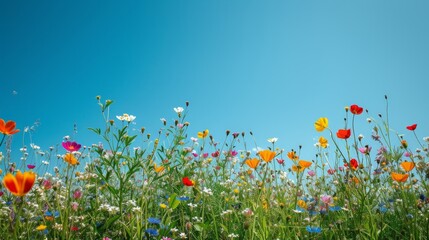 A vibrant meadow dotted with wildflowers against a clear blue sky celebrates the arrival of spring
