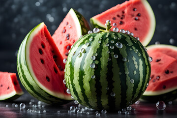 Fresh watermelon with raindrops. Natural fruits, Tasty and healthy organic food. Playground AI platform.