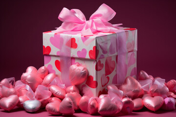 pink gift box with rose petals and hearts
