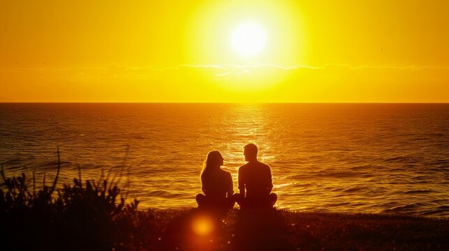 A couple sits by the shore, silhouetted against the golden hues of a setting sun