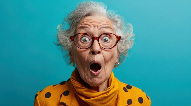 Senior woman wearing glasses and a yellow scarf shows a look of astonishment on a plain blue backdrop
