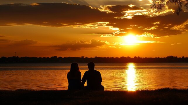 A couple sits by the shore, silhouetted against the golden hues of a setting sun