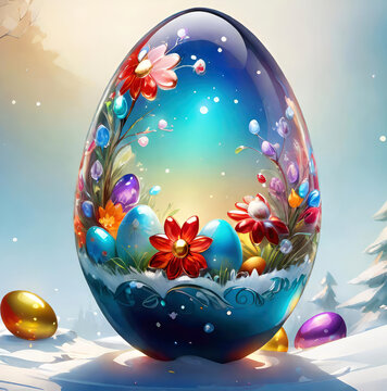 Blue glass Easter egg with a floral pattern on light background. AI generated.
