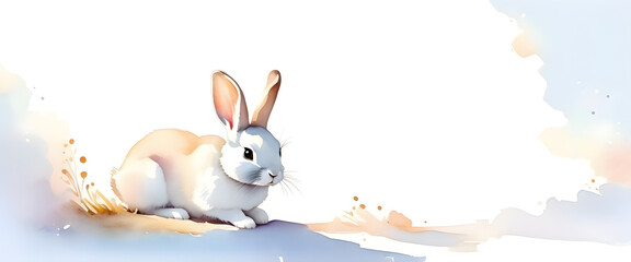 A cute rabbit with big ears is sitting alone. Colored in soft pastel tones. Animal illustration in watercolor style.