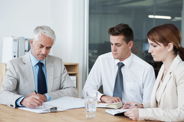 Business people, writing and planning on paperwork for collaboration, strategy or notes at office. Group, teamwork or employees with documents or paperwork in meeting for brainstorming at workplace