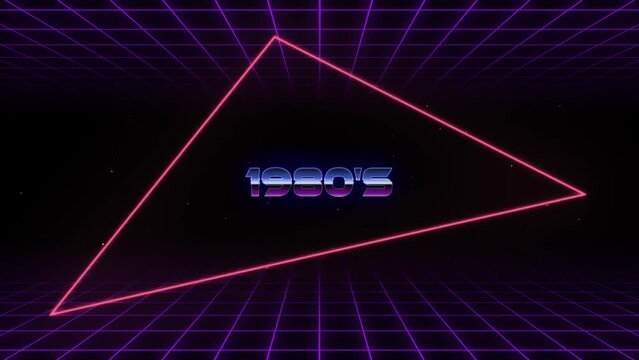 A nostalgic retro synthwave looping purple grid motion graphic with black star sky background and colorful retro 1980's typography animation in 4k UHD 30p